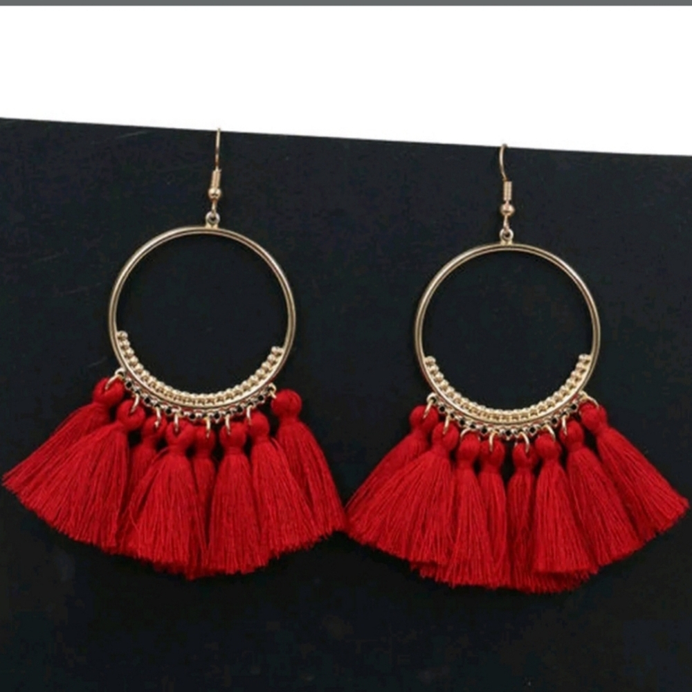 Earrings BOHO Gold Tone with Red Tassels